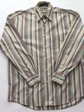 ALAN FLUSSER Tan w/green, brown, yellow  & orange stripes 100% Cotton Size M